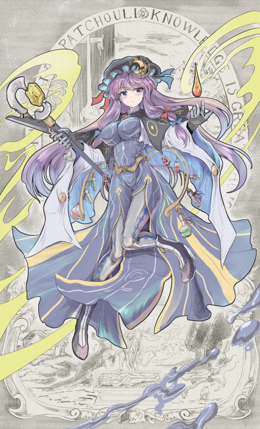1girl alternate_costume alternate_headwear_color black_hat blue_bow blue_eyes boots bow breasts cape character_name circle closed_mouth commentary_request covered_navel crescent crescent_hat_ornament dress english_text flask gem gloves grey_pantyhose hair_bow hat hat_ornament highres holding holding_staff long_hair lying mob_cap namiki_(remiter00) nude on_back pantyhose patchouli_day patchouli_knowledge pelvic_curtain potion purple_dress purple_hair red_bow red_gemstone side_slit solo staff sun_symbol test_tube touhou very_long_hair