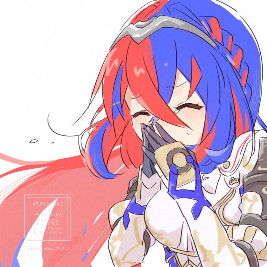 1girl alear_(female)_(fire_emblem) alear_(fire_emblem) blue_hair braid crossed_bangs crown_braid fire_emblem fire_emblem_engage highres long_hair multicolored_hair nintendo red_hair sorane_amus split-color_hair tiara two-tone_hair