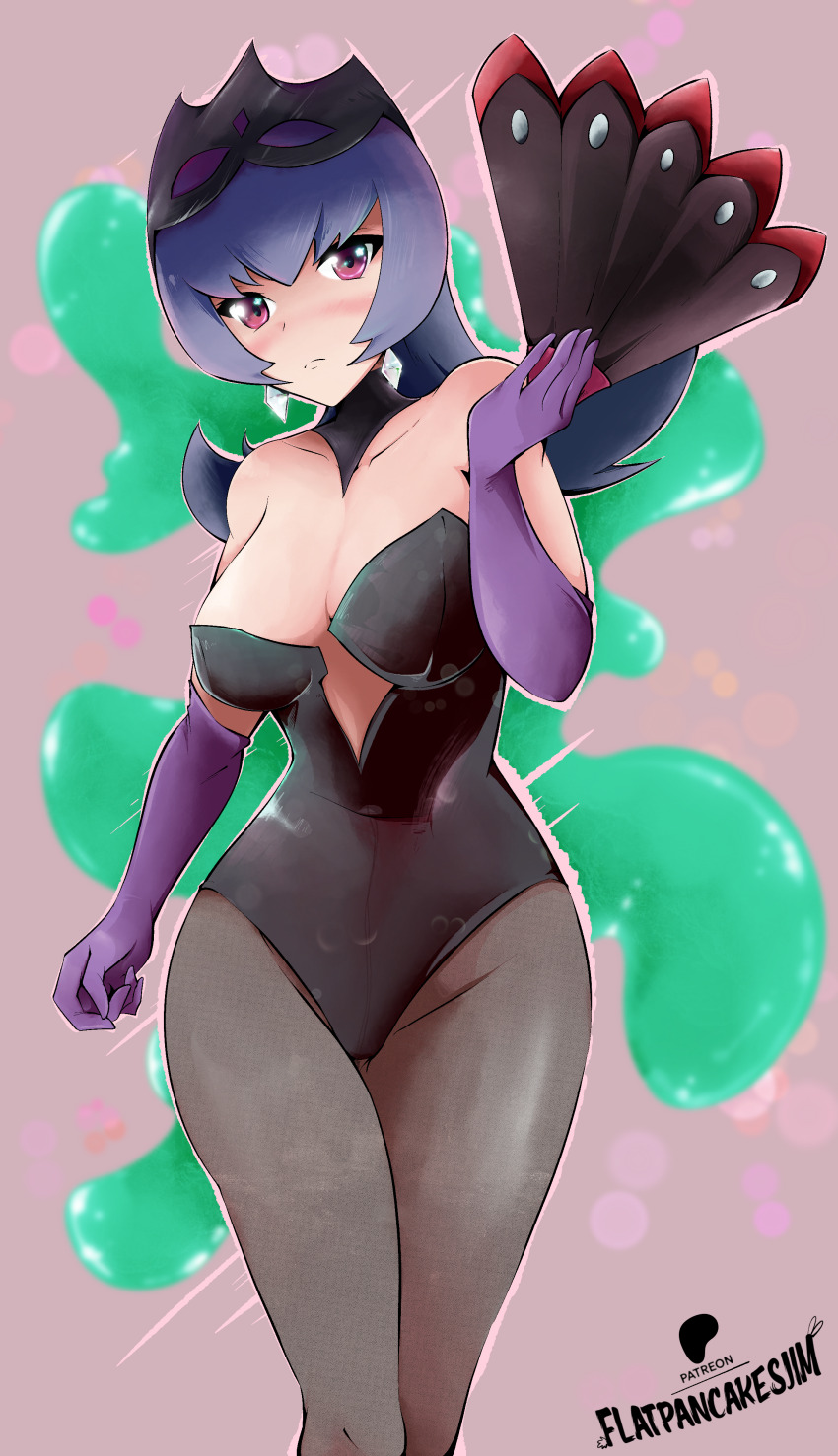 1girl absurdres animal_costume asymmetrical_breasts bellelba_(pokemon) blue_hair blurry blurry_background blush breasts cameltoe cleavage creatures_(company) earrings embarrassed fishnets flatpancakesjim game_freak gloves hand_fan highres jewelry large_breasts leggings looking_at_viewer nintendo patreon_username pink_eyes pokemon pokemon_bw2 rabbit_costume sabrina_(pokemon) simple_background solo thick_thighs thighs tight_clothes transparent wide_hips