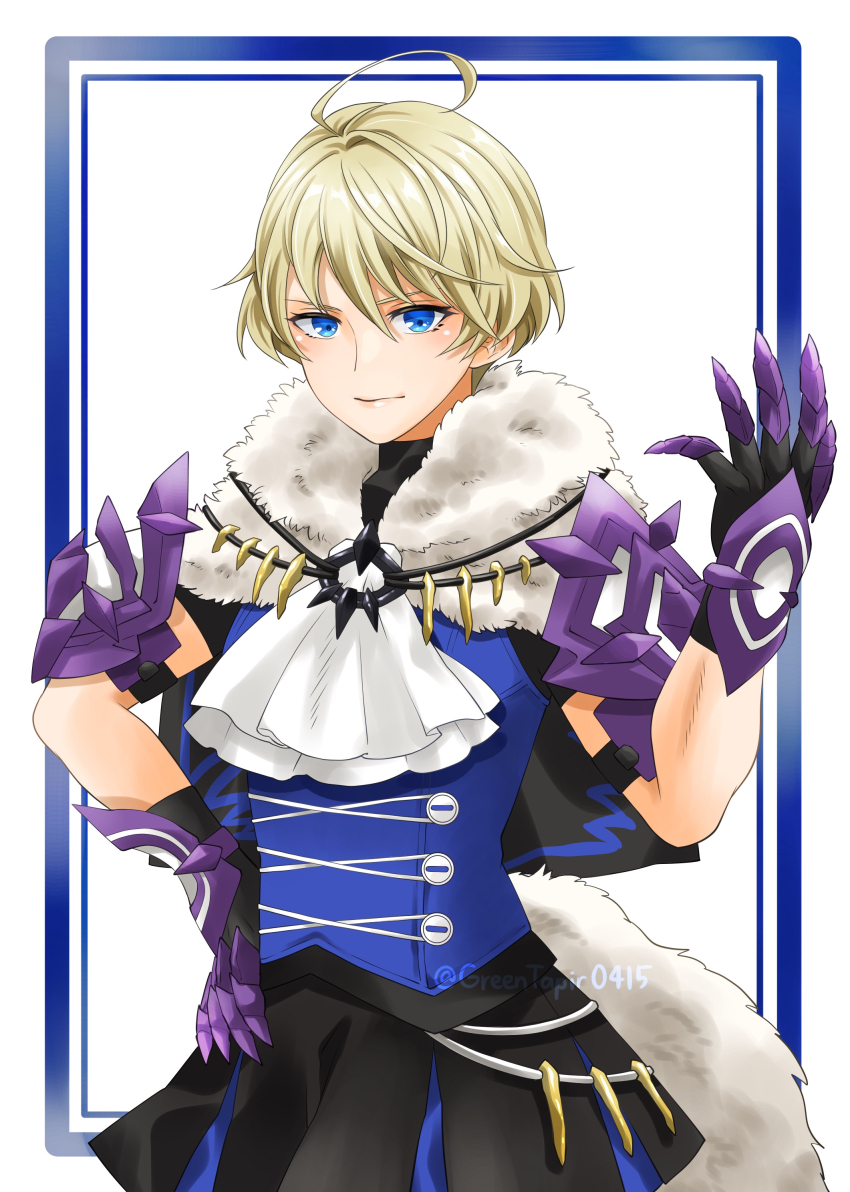 1girl absurdres ahoge ascot blonde_hair blue_eyes blue_shirt fake_tail fire_emblem fire_emblem_engage fur_trim gloves highres looking_at_viewer merrin_(fire_emblem) midori_no_baku nintendo shirt short_hair smile tail white_ascot wolf_tail