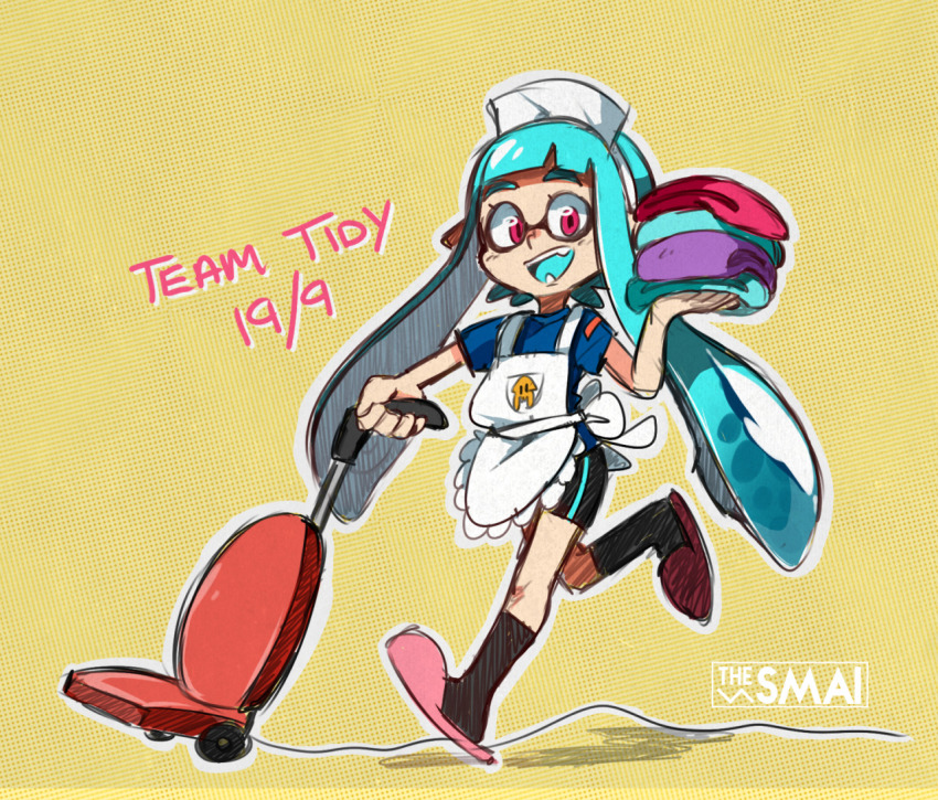 1girl apron aqua_hair artist_name bad_id bad_tumblr_id bike_shorts blue_hair dated female_focus inkling inkling_girl inkling_player_character maid_apron nintendo pink_eyes sami_(artist) sami_briggs shirt slippers smile socks solo splatoon_(series) splatoon_1 t-shirt tentacle_hair vacuum_cleaner