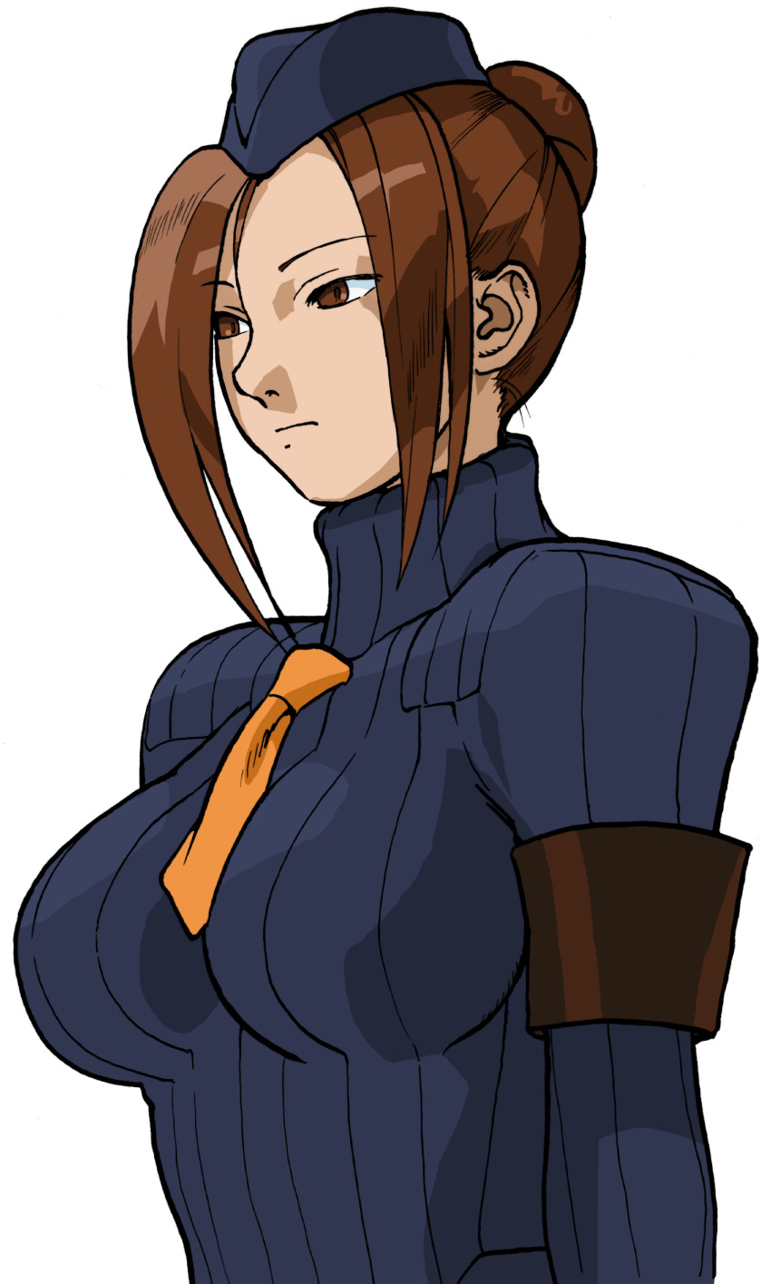 absurdres armband bengus black_armband breasts brown_eyes brown_hair double-parted_bangs game_cg garrison_cap hair_bun hat highres juli_(street_fighter) large_breasts leotard long_hair necktie non-web_source official_art orange_necktie parted_bangs portrait ribbed_leotard shadaloo_dolls simple_background single_hair_bun sleeved_leotard solo street_fighter street_fighter_zero_(series) upper_body white_background