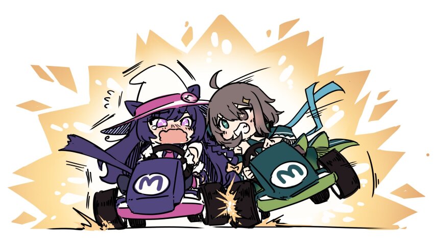 2girls ahoge animal_ears blush braid brown_eyes brown_hair chibi commentary_request commission crash cross-shaped_pupils detached_sleeves dress driving evil_grin evil_smile go-kart green_dress green_eyes green_necktie grin hat heterochromia highres chromashift jacket long_hair mai_noboshi medium_hair meica_(vtuber) mismatched_pupils motion_lines multiple_girls necktie pink_necktie purple_eyes purple_hair racing scared second-party_source sesield single_braid smile spanish_commentary sprout-shaped_pupils suit_jacket symbol-shaped_pupils tearing_up virtual_youtuber vjin white_background white_jacket witch witch_hat