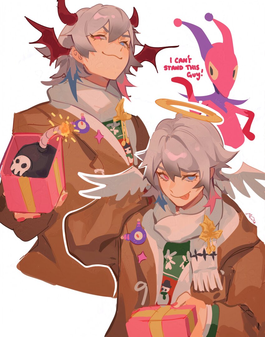 1boy :3 absurdres alternate_costume angel_and_devil angel_wings bettelion_(gavis_bettel) bishounen blue_eyes blue_hair blush bomb brown_coat christmas christmas_sweater coat commentary creature demon_boy demon_horns demon_wings english_commentary english_text explosive eyelashes gavis_bettel gift grey_hair hair_between_eyes halo heterochromia highres holding holding_gift holostars holostars_english horns incoming_gift lit_fuse looking_at_viewer male_focus mararu medium_hair multicolored_hair open_clothes open_coat phantom_(gavis_bettel) pink_eyes pink_hair pink_nails red_horns scarf signature smile smug tongue tongue_out upper_body virtual_youtuber white_background white_scarf wings yellow_halo