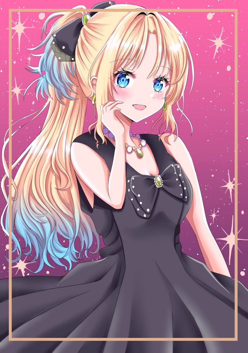 1girl :d bad_arm black_bow black_dress blonde_hair blue_eyes blue_hair blush bow breasts cleavage commentary cowboy_shot dress dress_bow gradient_hair hair_bow hair_intakes highres light_blue_hair link!_like!_love_live! long_hair looking_at_viewer love_live! maymaru medium_breasts multicolored_hair official_alternate_costume open_mouth osawa_rurino osawa_rurino_(17th_birthday) parted_bangs pink_background ponytail sleeveless sleeveless_dress smile solo teeth upper_teeth_only virtual_youtuber
