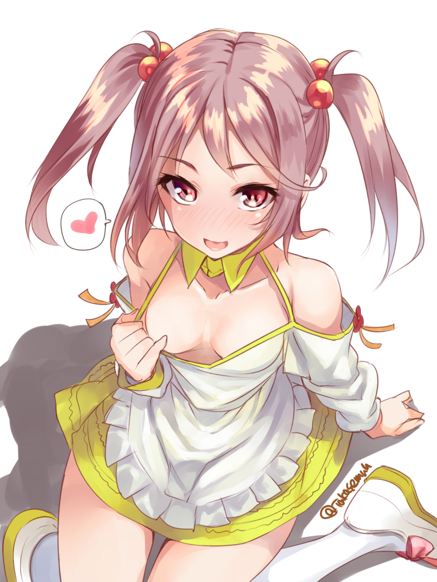 1girl alternate_costume bad_id bad_nicoseiga_id blush breasts collarbone commentary_request detached_collar downblouse dress female_focus hair_bobbles hair_ornament heart highres kantai_collection long_sleeves no_bra pink_eyes pink_hair sazanami_(kancolle) shoes short_hair simple_background small_breasts smile solo spoken_heart takase_muh twintails twitter_username white_background white_legwear white_shoes