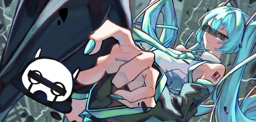 1girl 1other absurdres aqua_hair aqua_nails aqua_necktie bar_censor bare_shoulders black_footwear black_skirt boots censored chibi chibi_inset collared_shirt debris detached_sleeves doushite-chan feet_out_of_frame film_grain floating_hair foreshortening hair_ornament hatsune_miku highres censored_identity invisible_chair knees_up kobacha_(ochakoba) long_hair looking_at_viewer necktie number_tattoo parted_lips purple_eyes reaching reaching_towards_viewer serious shirt sitting skirt sleeveless sleeveless_shirt tattoo thigh_boots tokumei_m_(vocaloid) transparent_censoring twintails v-shaped_eyebrows very_long_hair vocaloid