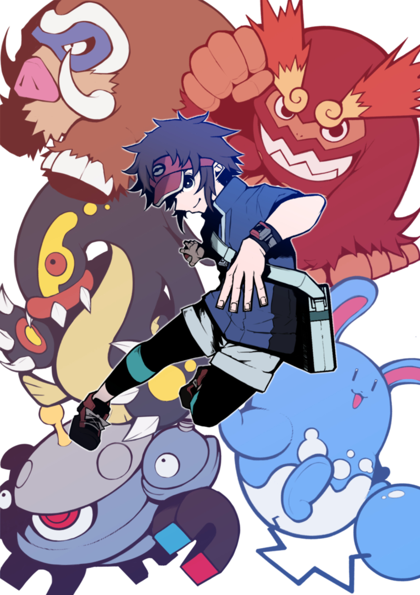 1boy azumarill bag blue_jacket bodysuit bodysuit_under_clothes bright_pupils brown_eyes brown_hair closed_mouth commentary darmanitan eelektross gen_2_pokemon gen_4_pokemon gen_5_pokemon highres holding holding_poke_ball jacket magnezone male_focus mamoswine nate_(pokemon) nintendo poke_ball poke_ball_(basic) pokemon pokemon_(creature) pokemon_bw2 ringo_(budou_777) shoes short_hair shorts shoulder_bag smile visor_cap white_background xtransceiver