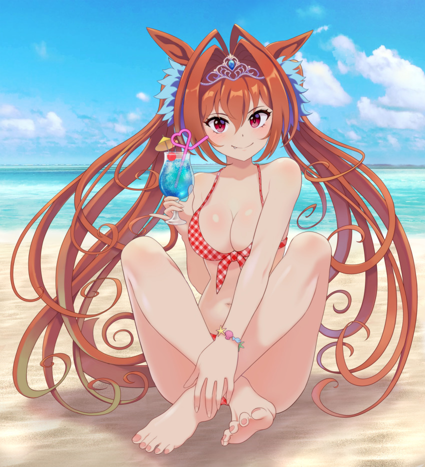 1girl absurdres alternate_costume animal_ears bare_shoulders barefoot beach bikini blush bracelet breasts brown_hair cleavage closed_mouth crazy_straw crossed_legs cup daiwa_scarlet_(umamusume) drinking_straw fang fang_out full_body hair_intakes halterneck heart_straw highres holding holding_cup horizon horse_ears horse_girl horse_tail jewelry knees_up long_hair medium_breasts navel ocean okken outdoors pinky_out plaid_bikini plaid_clothes red_bikini red_eyes sand sitting solo swimsuit tail tiara tropical_drink twintails umamusume