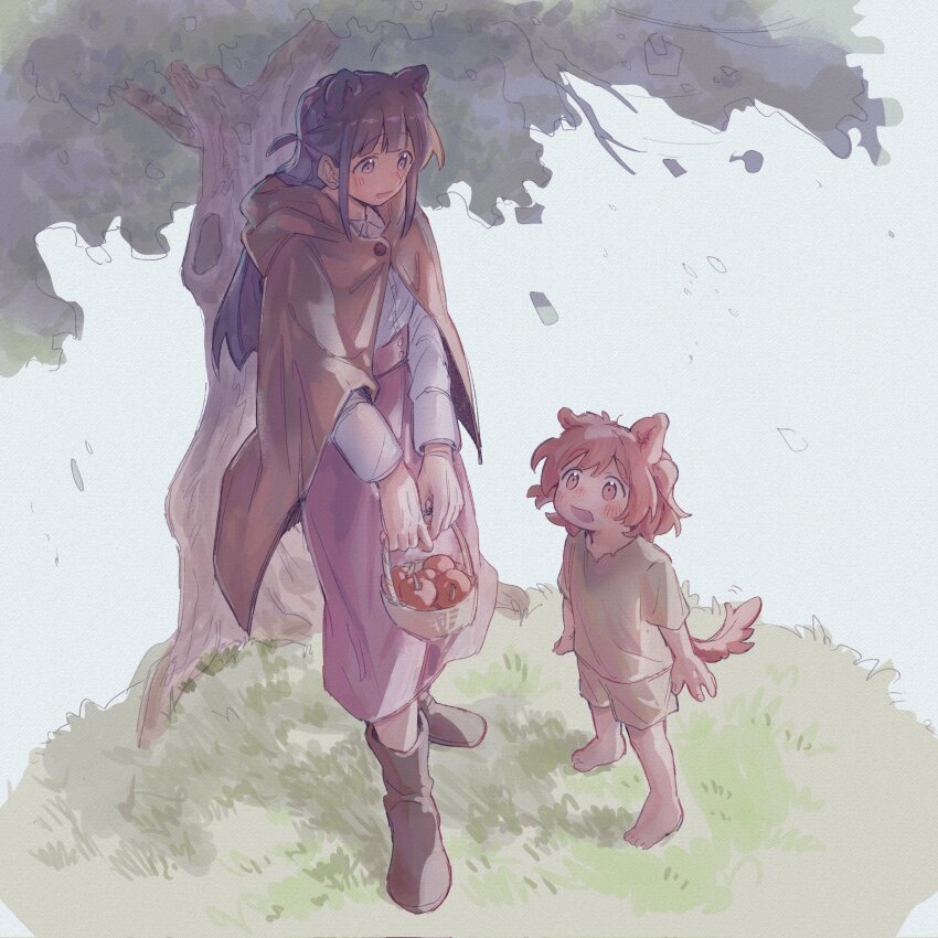2girls :d aged_down aijou_karen animal_ears apple arms_at_sides barefoot basket blush boots brown_boots brown_eyes brown_hair brown_shirt brown_shorts buttons child cloak collared_shirt commentary dog_ears dog_girl dog_tail falling_leaves food fruit grass highres holding holding_basket hood hood_down hooded_cloak leaf long_hair long_skirt long_sleeves looking_at_another looking_down looking_up multiple_girls on_grass open_mouth outdoors purple_eyes purple_hair purple_skirt rei931218 shirt shirt_tucked_in short_hair short_sleeves shorts shoujo_kageki_revue_starlight sidelocks skirt smile standing symbol-only_commentary tail three_quarter_view torn_clothes torn_shirt tree tsuyuzaki_mahiru two_side_up v_arms white_background white_shirt