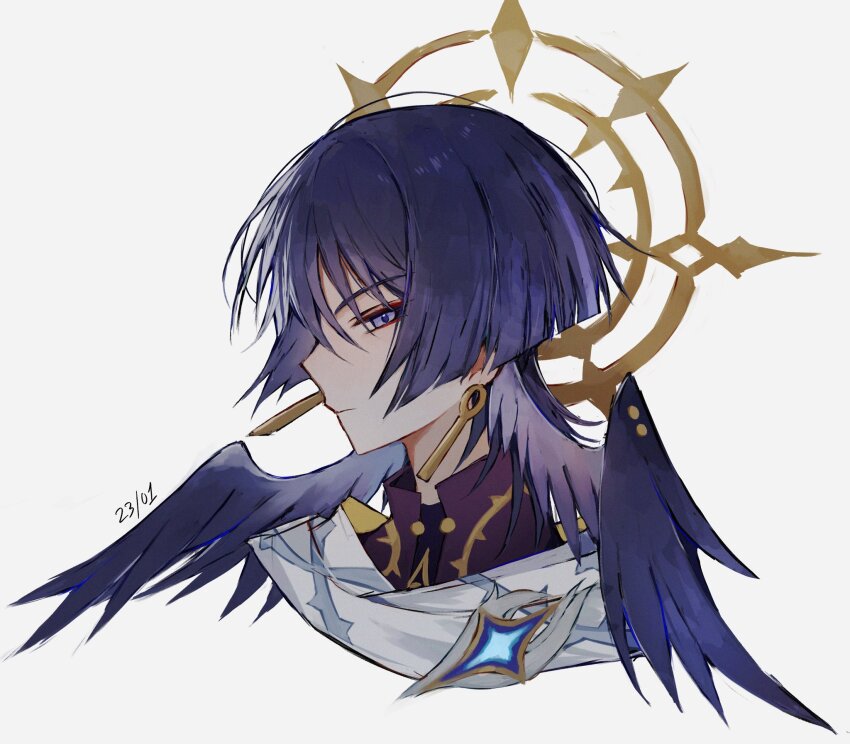 1boy alternate_costume black_collar blunt_ends closed_mouth collar cosplay cropped_torso dated dragonagia643 earrings eyeliner eyeshadow feathered_wings genshin_impact halo halo_behind_head head_wings highres honkai:_star_rail honkai_(series) jewelry makeup male_focus mechanical_halo multicolored_hair profile purple_eyes purple_hair purple_wings red_eyeliner red_eyeshadow scaramouche_(genshin_impact) scarf solo streaked_hair sunday_(honkai:_star_rail) sunday_(honkai:_star_rail)_(cosplay) tsurime white_background white_scarf wings yellow_halo