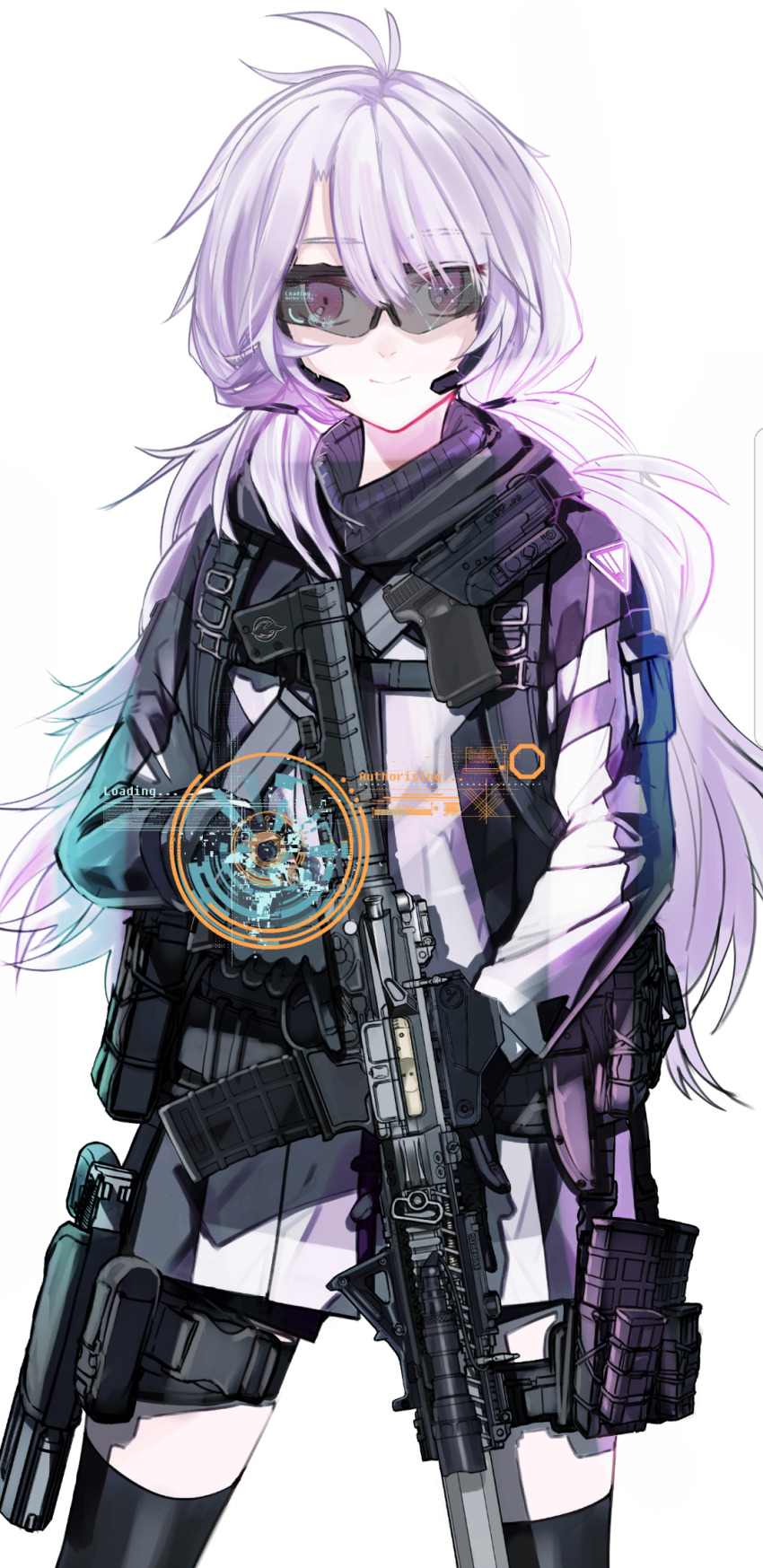 1girl ahoge assault_rifle black_thighhighs flashlight glock goggles gun handgun heads-up_display highres holding holding_gun holding_weapon holographic_interface holographic_weapon_sight holster holstered load_bearing_equipment long_hair looking_at_viewer magazine_(weapon) military nurim original pistol purple_eyes purple_hair reflector_sight rifle sight_(weapon) tactical_light thigh_holster thighhighs trigger_discipline user_interface weapon weapon_request white_background