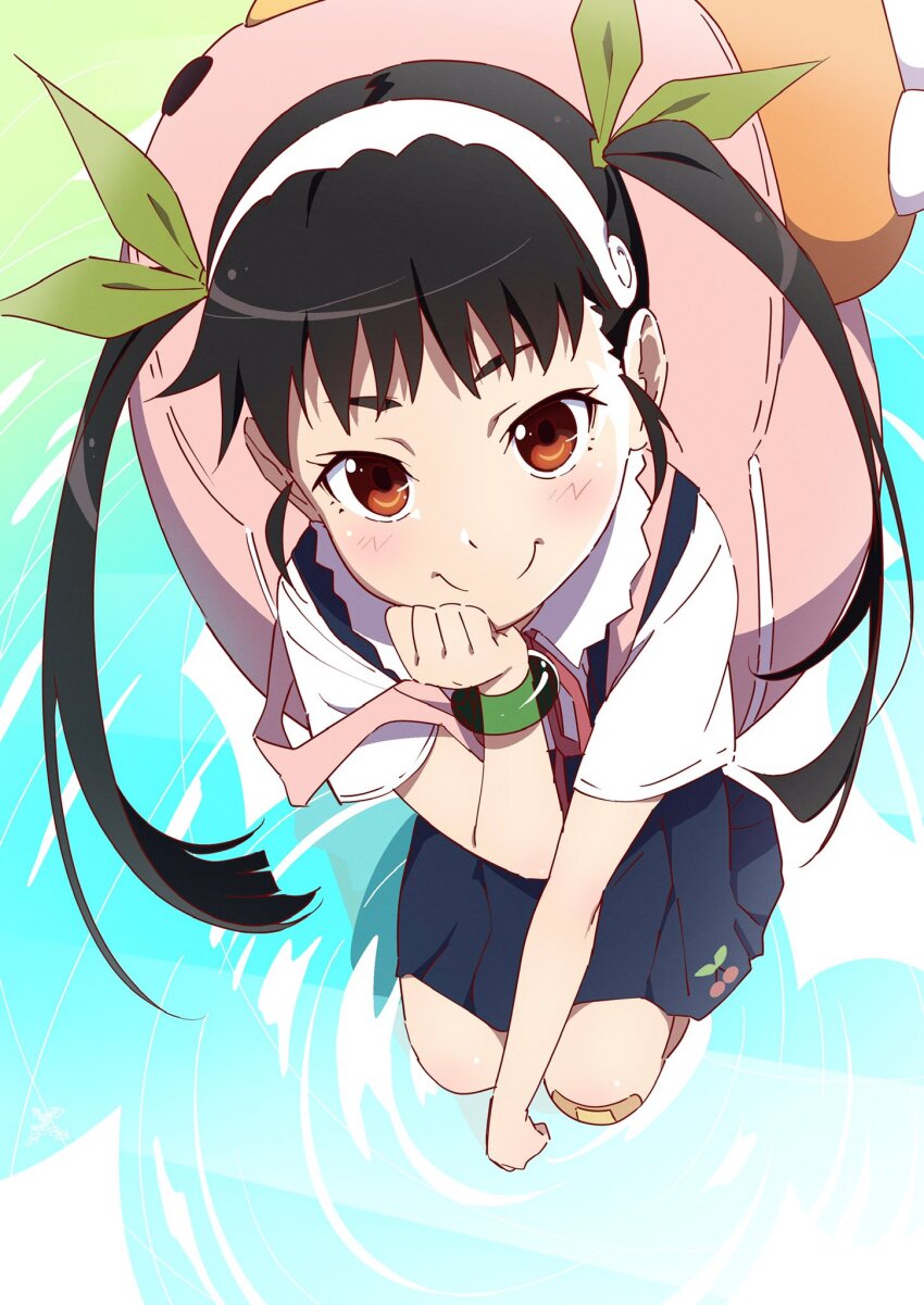 artist_logo backpack bag bandaid bandaid_on_knee bandaid_on_leg black_hair black_skirt bracelet brown_eyes dot_nose from_above full_body green_ribbon hachikuji_mayoi hair_ribbon hairband hand_up head_rest highres jewelry light_blush logo long_hair looking_at_viewer makicha_(sasurainopink) monogatari_(series) neck_ribbon pink_bag pink_ribbon ribbon ripples shiny_skin shirt short_sleeves sitting_on_water skirt smile squatting suspender_skirt suspenders twintails water white_hairband white_shirt