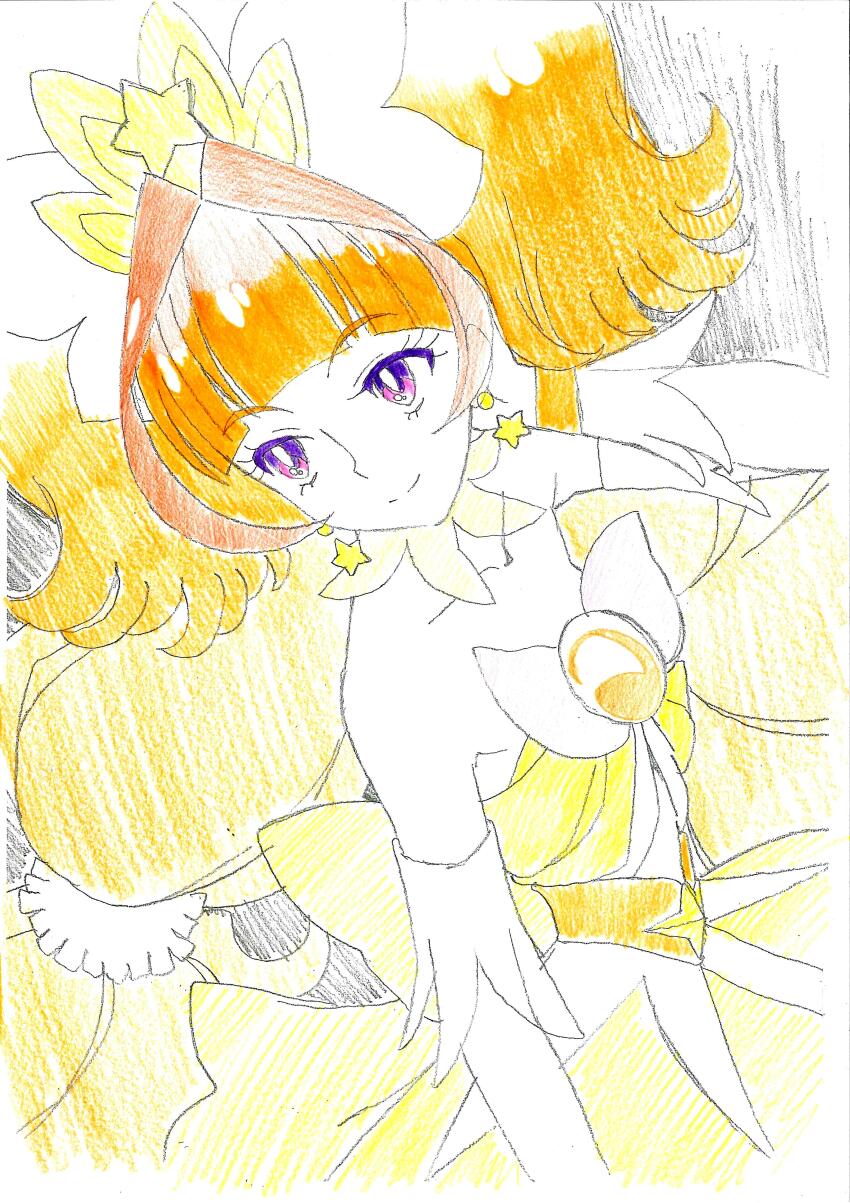 1girl absurdres amanogawa_kirara closed_mouth cure_twinkle dress earrings go!_princess_precure highres jewelry long_hair magical_girl nakamura_yutaka off-shoulder_dress off_shoulder orange_hair precure purple_eyes solo star_(symbol) star_earrings tiara yellow_dress