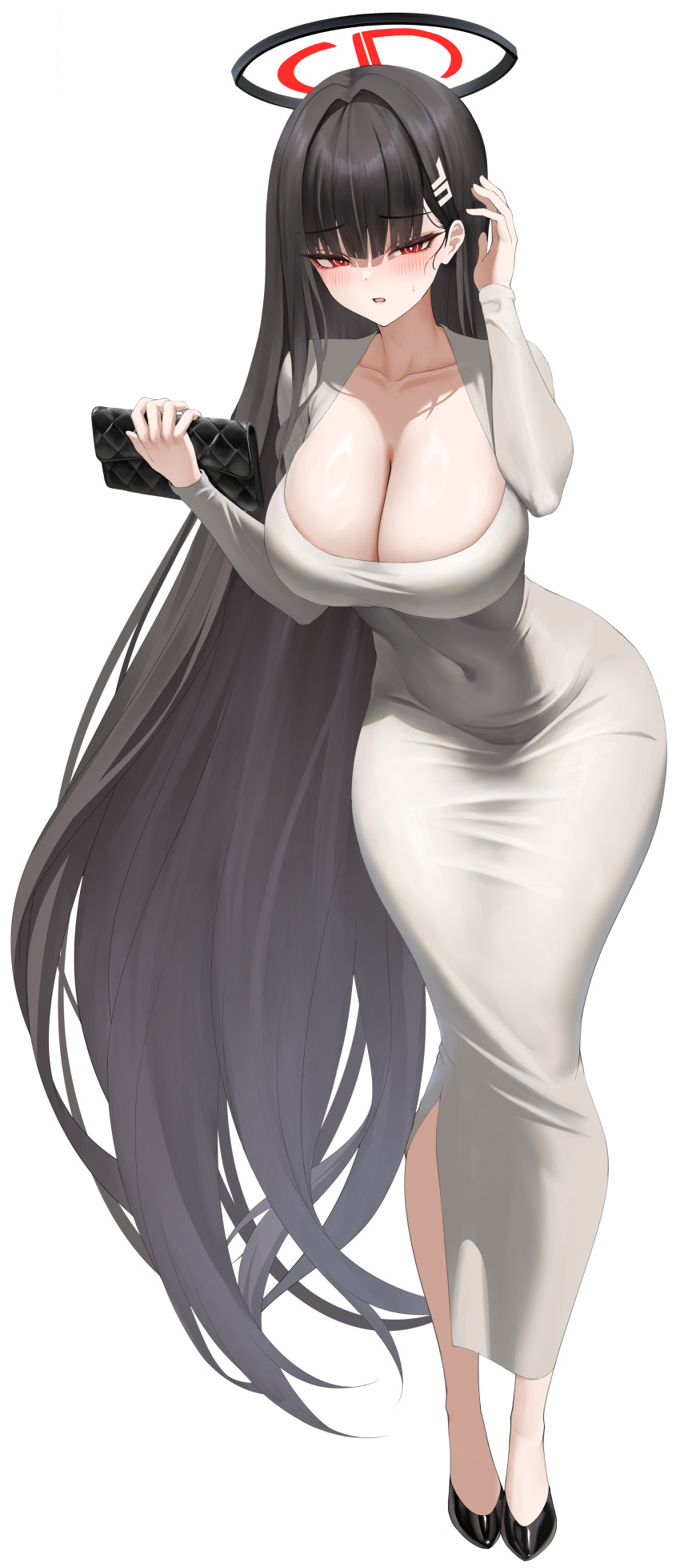 1girl absurdres alternate_costume black_hair black_shoes blue_archive breasts bright_pupils cleavage collarbone covered_navel dongtan_dress dress full_body grey_dress hair_ornament hairclip halo highres huge_breasts leaning_forward long_hair looking_at_viewer meme_attire momoriko narrow_waist red_eyes rio_(blue_archive) scoop_neck shoes solo straight_hair taut_clothes taut_dress very_long_hair white_pupils