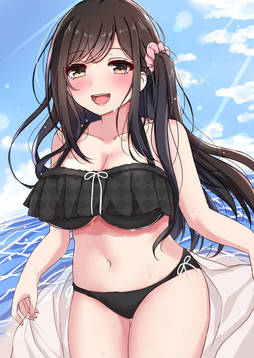 1girl bikini black_bikini blue_sky breasts cleavage highres horizon side_ponytail sky swimsuit