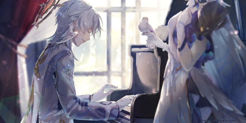 1boy 1girl bead_bracelet beads bird bird_on_hand blue_hair bracelet brother_and_sister closed_eyes closed_mouth dress from_side gloves grey_hair halo halo_behind_head hand_on_own_chest highres honkai:_star_rail honkai_(series) instrument jacket jewelry long_hair long_sleeves medium_hair music piano playing_instrument playing_piano robin_(honkai:_star_rail) siblings sunday_(honkai:_star_rail) very_long_hair white_dress white_gloves white_jacket yama_ta_yomogi