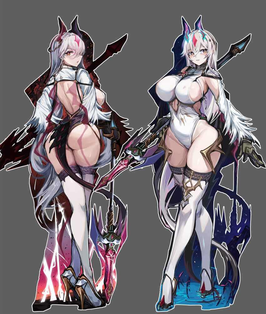 absurdres ass breasts dragon_girl dragon_horns dragon_tail epic_seven forehead_jewel highleg highres horns huge_ass huge_breasts leotard long_hair looking_at_viewer luna_(epic_seven) oshiokitime pointy_ears red_eyes tail white_leotard wide_hips
