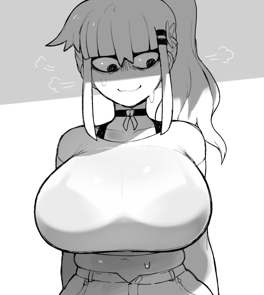 1girl @_@ black_bra black_choker bra breasts choker collarbone dizzyspells flower hair_between_eyes hair_flower hair_ornament hair_rings highres huge_breasts monochrome navel nervous original plump reverie_(dizzyspells) see-through_clothes see-through_shirt shaded_face shirt side_ponytail sidelocks solo steam sweat underwear wavy_mouth white_shirt