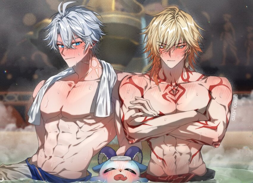 2boys abs antenna_hair arm_tattoo bathhouse bboo_hoyo blonde_hair blue_eyes braid chest_tattoo chimera_(honkai:_star_rail) commentary_request crossed_arms facial_tattoo gradient_hair hair_between_eyes highres honkai:_star_rail honkai_(series) korean_commentary large_pectorals male_focus medium_hair multicolored_hair multiple_boys muscular muscular_male mydei_(honkai:_star_rail) pectorals phainon_(honkai:_star_rail) red_hair red_tattoo sauna short_hair side_braid steam sun_symbol sun_tattoo tan tattoo topless_male towel towel_around_neck twitter_username white_hair yellow_eyes