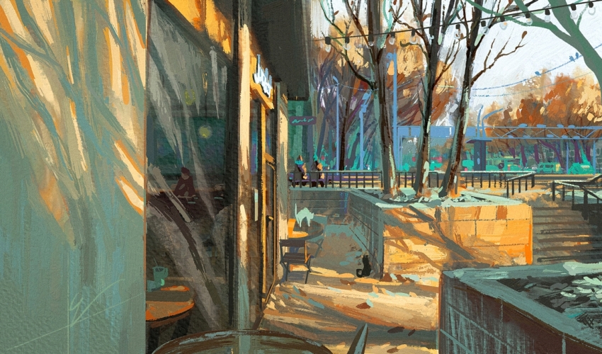 black_cat building cat chair commentary dappled_sunlight day door english_commentary lamppost original outdoors people quiet_victories railing scenery signature stairs string_lights sunlight table tree white_cat window