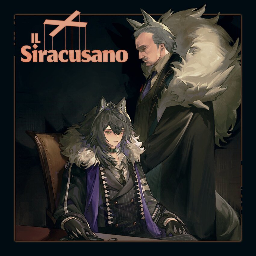 2boys animal_ears arknights bernardo_bellone_(arknights) black_background black_hair black_necktie black_suit blue_coat blue_necktie border buttons chinese_commentary coat collared_shirt commentary_request desk double-breasted formal_clothes fur-trimmed_coat fur_trim grey_hair highres infection_monitor_(arknights) jadetilaurant multiple_boys necktie parody pinstripe_pattern pinstripe_suit shirt simple_background sitting striped suit the_godfather title_parody upper_body vigil_(arknights) white_shirt wolf_boy wolf_ears