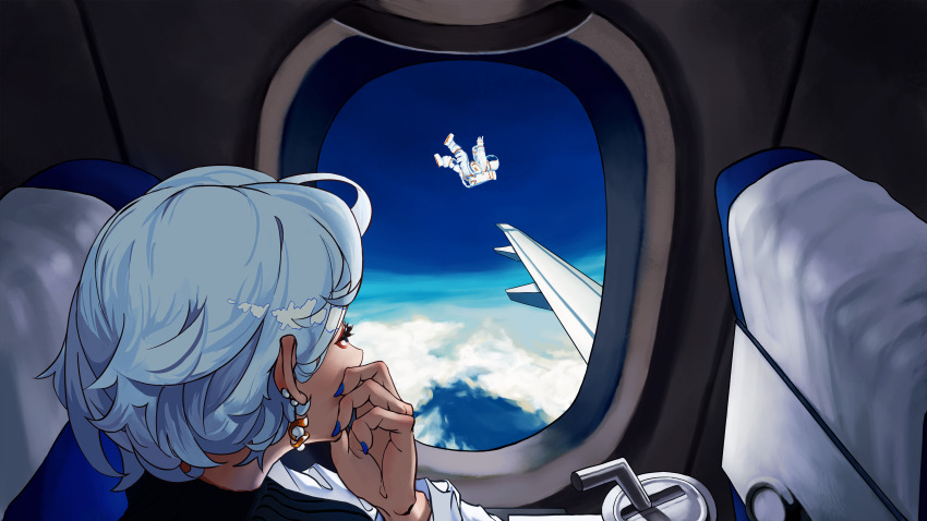 1girl absurdres airplane_interior astronaut blue_hair blue_nails cloud commentary drinking_straw earrings falling glaw helmet highres jewelry original short_hair sitting space_helmet spacesuit