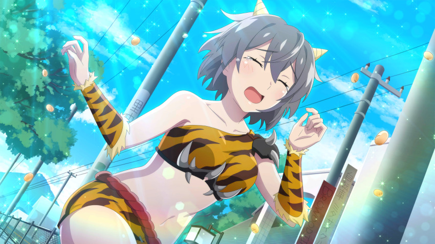 1girl animal_print beans closed_eyes collarbone cowboy_shot detached_sleeves dutch_angle fake_horns game_cg grey_hair highres higurashi_no_naku_koro_ni higurashi_no_naku_koro_ni_mei horns kimiyoshi_kazuho lens_flare light_rays mamemaki midriff navel non-web_source official_art oni_costume open_mouth outdoors power_lines running setsubun short_hair shorts solo sparkle sunbeam sunlight tears tiger_print tree utility_pole yellow_shorts