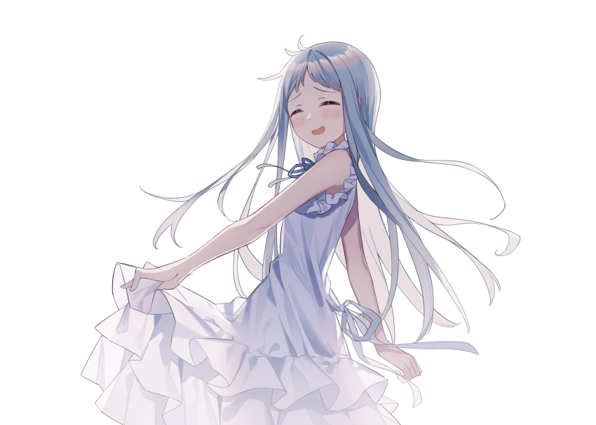 1girl ano_hi_mita_hana_no_namae_wo_bokutachi_wa_mada_shiranai. backlighting blush closed_eyes commentary_request cowboy_shot dress facing_viewer from_side grey_hair highres honma_meiko long_hair open_mouth shiroraku skirt_hold sleeveless sleeveless_dress solo standing white_background white_dress