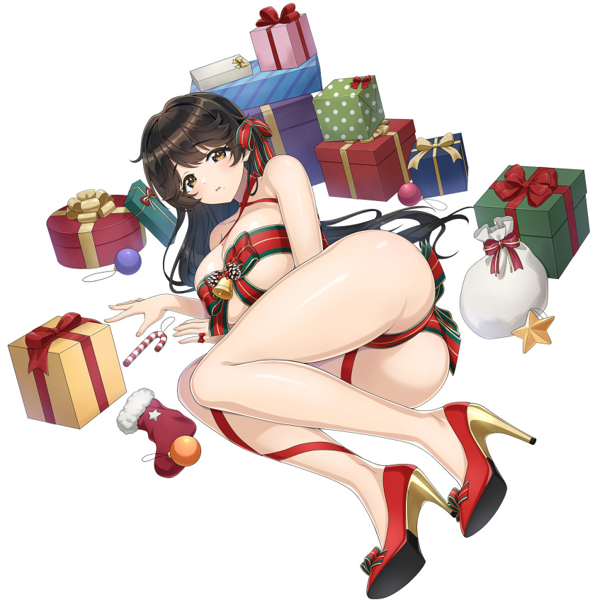 1girl ass bell blush bow box breasts brown_eyes brown_hair candy candy_cane christmas christmas_stocking cleavage dolphin_wave food game_cg gift gift_box high_heels highres large_breasts long_hair looking_at_viewer merry_christmas mole mole_on_breast mole_under_mouth naked_ribbon non-web_source official_alternate_costume official_alternate_hairstyle official_art ootomo_takuji ribbon sack solo yamaba_yume