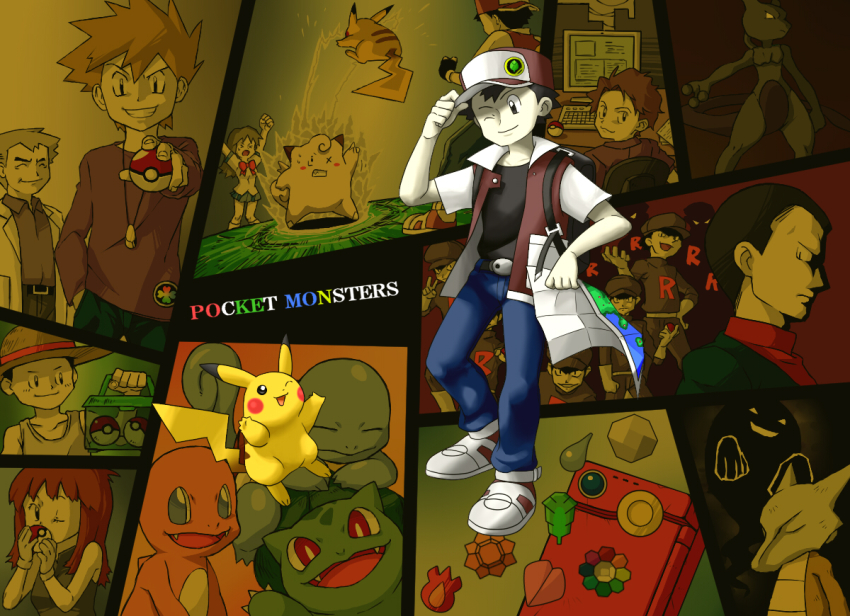 1990s_(style) 2girls 6+boys badge baseball_cap battle bill_(pokemon) black_hair blue_oak blue_oak_(pokemon_rgby) bug_catcher_(pokemon) bulbasaur charmander clefairy closed_eyes computer computer_keyboard donnpati gen_1_pokemon ghost giovanni_(pokemon) glowing glowing_eyes green_(pokemon) badge_(pokemon) hat jewelry lass_(pokemon) legendary_pokemon marowak mewtwo multiple_boys multiple_girls necklace nintendo npc_trainer one_eye_closed pikachu poke_ball poke_ball_(basic) pokedex pokemon pokemon_(creature) pokemon_rgby pokemon_rgby_beta pokemon_tower_ghost prototype_design red_(pokemon) retro_artstyle samuel_oak spoilers squirtle starter_pokemon_trio team_rocket team_rocket_grunt v wink