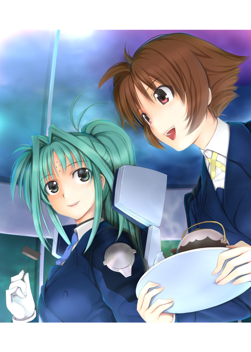 2girls absurdres amy_limietta blush breasts brown_hair green_eyes green_hair highres indoors large_breasts lindy_harlaown long_hair looking_at_another lyrical_nanoha mahou_shoujo_lyrical_nanoha_strikers mikazuki_akira! military_uniform multiple_girls open_mouth ponytail red_eyes short_hair smile teapot tsab_naval_military_uniform