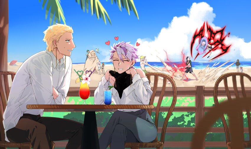 &gt;_&lt; 6+boys ^_^ alternate_costume battle beach black_gloves black_hair black_male_swimwear blonde_hair blue_sky brown_hair brown_jacket brown_pants building_sand_sculpture closed_eyes cloud collared_shirt commentary_request crazy_straw creature crossed_arms dating dita_iliner drinking_straw earrings fukurou_(saibou_shinkyoku) gloves godzylla_(saibou_shinkyoku) green_eyes green_hair green_male_swimwear grey_pants haruno_shion heart heart_straw highres hood hood_up hooded_jacket hunyangzi jacket jewelry korean_commentary male_focus male_swimwear miwa_teita multicolored_hair multiple_boys mutsushika_misumi nanami_izu nijou_ryuu open_mouth otowa_rui_(saibou_shinkyoku) outdoors pants pink_hair ponytail purple_hair rumeld_othmayer saibou_shinkyoku sand_sculpture sanpaku shirt shirt_partially_removed short_hair sitting sky sleeveless sleeveless_shirt smile split-color_hair sweat swim_trunks theodore_riddle topless_male two-tone_hair white_shirt yaoi