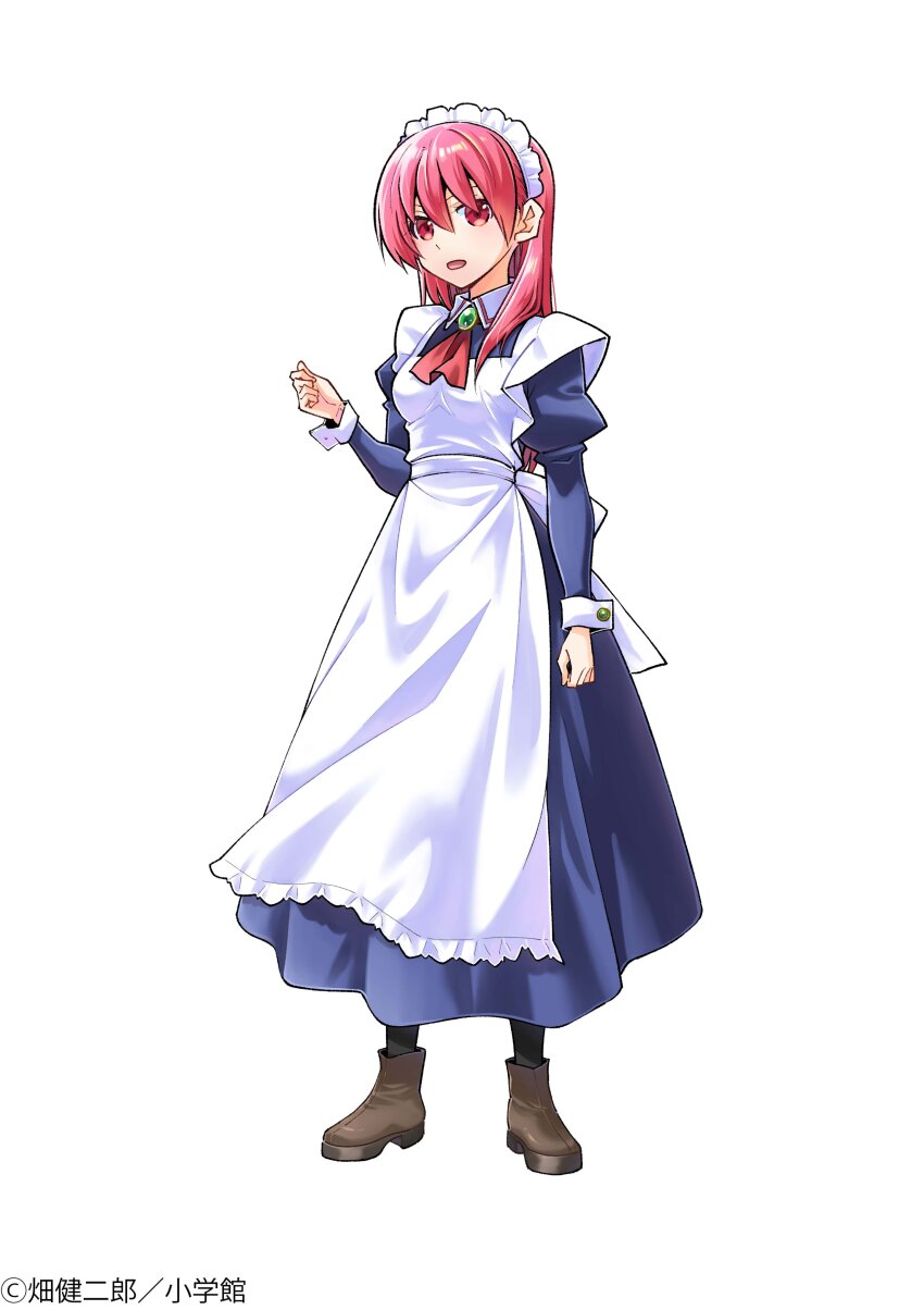 1girl absurdres apron artist_name blue_dress boots cosplay dress full_body hand_up hata_kenjirou hayate_no_gotoku! highres jewelry maid maid_apron maid_headdress maria_(hayate_no_gotoku!) maria_(hayate_no_gotoku!)_(cosplay) official_art open_mouth pink_hair red_eyes simple_background solo tonikaku_kawaii white_background yuzaki_tsukasa