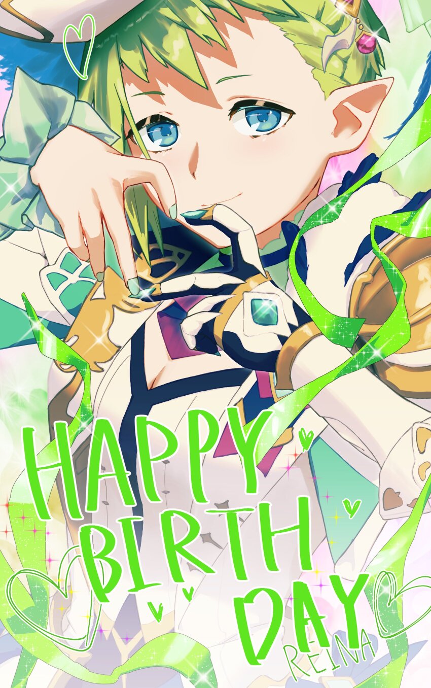 absurdres blue_eyes frilled_sleeves frills gloves green_hair hair_ornament happy_birthday hat heart heart_hands highres jewelry long_sleeves looking_at_viewer macross macross_delta macross_delta:_zettai_live!!!!!! pointy_ears reina_prowler short_hair smile utari walkure_(macross_delta)