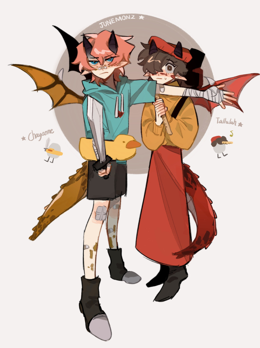1boy 1girl absurdres animification aqua_hoodie bandaid bandaid_on_leg beanie black_footwear black_shorts blue_eyes boots brother_and_sister brown_eyes brown_hair character_name chayanne chinese_commentary commentary_request dragon_boy dragon_girl dragon_horns dragon_tail dragon_wings dual_persona duck_innertube egg flute full_body hardcore_heart hat heart highres holding holding_flute holding_instrument holding_sword holding_weapon hood hood_down horns instrument jitome junemonz long_hair long_skirt long_sleeves looking_at_viewer minecraft_youtube personification pink_hair pointy_ears protecting quackity_smp red_hat red_skirt scared short_hair shorts siblings skirt standing sweater sword tail tallulah_(old_design)_(quackity_smp) tallulah_(quackity_smp) weapon wings yellow_sweater