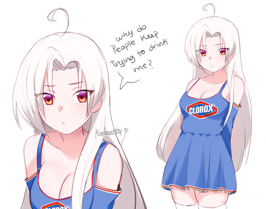 1girl absurdres arms_behind_back artist_name bare_shoulders bleach_(chemical) blue_dress breasts cleavage clorox clorox-chan collarbone detached_sleeves dress english_text highres kumaartsu logo long_hair looking_at_viewer medium_breasts meme multiple_views original personification pleated_dress red_eyes simple_background speech_bubble standing thighhighs very_long_hair white_background white_hair white_thighhighs zettai_ryouiki
