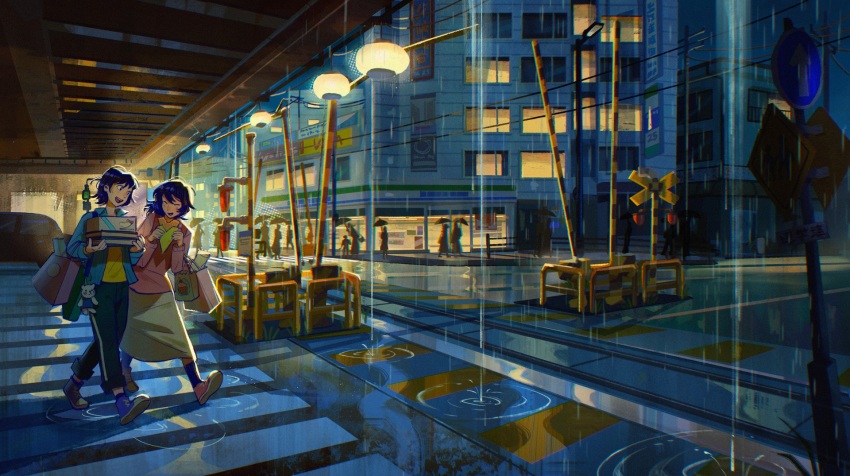 2girls bag black_hair box brown_hair building car city city_lights crosswalk denim denim_jacket highres holding holding_box jacket jenishiiarts motor_vehicle multiple_girls night night_sky original outdoors pants people pink_shirt power_lines railing railroad_crossing railroad_tracks rain road road_sign scenery shirt shoes short_hair sign skirt sky smile sneakers street underpass urban walking