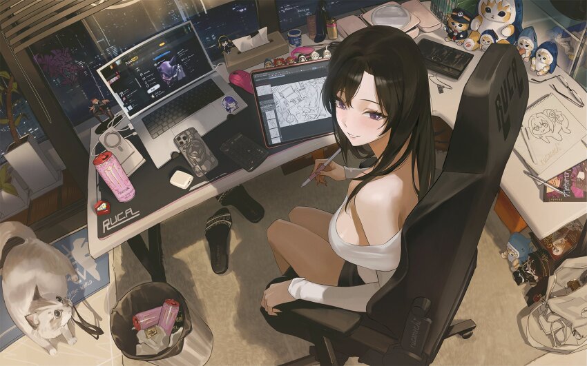1girl animal artist_name artist_self-insert bag bare_shoulders black_hair black_shorts book breasts brown_bag cat cellphone commentary computer computer_mouse curtains desk doro_(nikke) drawing_tablet english_commentary figure from_above genshin_impact goddess_of_victory:_nikke handbag high_heels highres holding holding_pen indoors iphone lamp laptop large_breasts long_sleeves looking_at_viewer meme monster_energy night off-shoulder_shirt off_shoulder on_chair original paid_reward_available paper parted_lips pen phone plant potted_plant purple_eyes raiden_shogun rapi_(nikke) rucarachi rug sandals shirt shorts sitting sketchbook smartphone smile solo spy_x_family sticker stuffed_animal stuffed_toy tissue_box trash_can white_shirt window yor_briar zesty_sonic_(meme)
