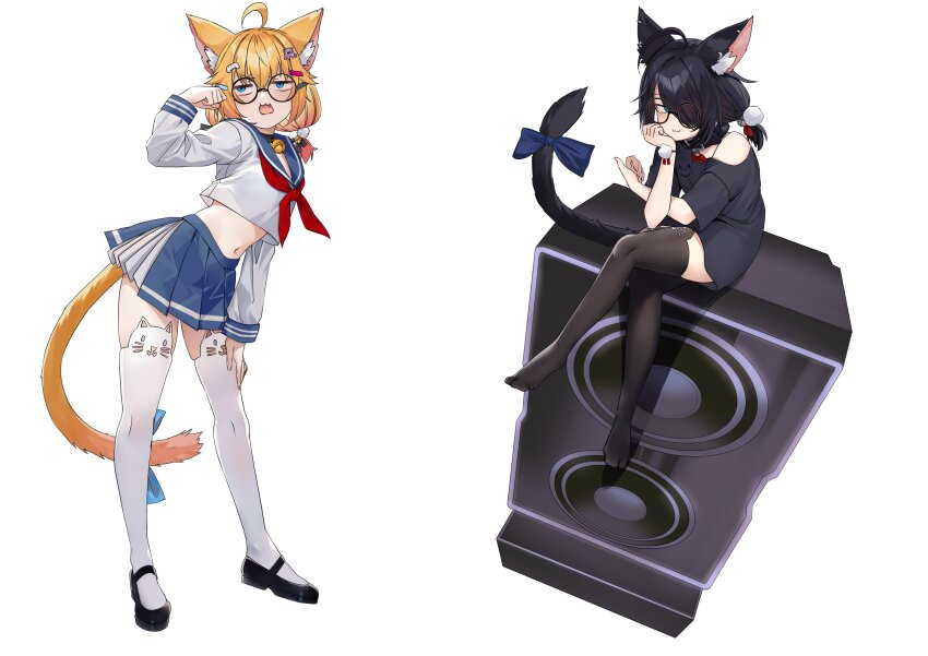 2girls :3 absurdres ahoge animal_ear_fluff animal_ear_legwear animal_ears aqua_eyes bell belt_collar black_hair black_shirt black_shoes black_thighhighs blonde_hair blue_bow blue_skirt bow cat_ear_legwear cat_ears cat_girl cat_tail collar fang full_body glasses hair_ornament hairclip highres indie_virtual_youtuber jun_project low_twintails luna_(minikomew) midriff minikomew multiple_girls name_tag navel neck_bell neckerchief open_mouth pleated_skirt pom_pom_(clothes) pom_pom_hair_ornament red_neckerchief school_uniform serafuku shirt shoes sitting skirt soles speaker standing tail tail_bow tail_ornament thighhighs twintails waifuspite white_shirt white_thighhighs zettai_ryouiki