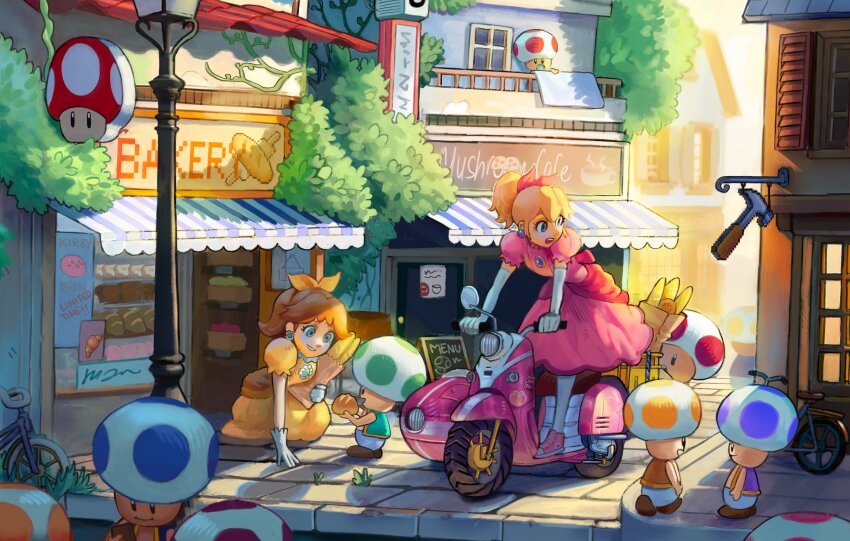 2girls absurdres bag baguette bakery bicycle blonde_hair blue_toad_(mario) bow bread brown_hair calilo dress elbow_gloves food gloves green_toad_(mario) hair_bow highres kneeling lamppost mario_(series) motor_vehicle multiple_girls nintendo on_scooter paper_bag pink_dress ponytail princess_daisy princess_peach puffy_short_sleeves puffy_sleeves red_toad_(mario) road scooter shoes shop short_sleeves sidecar smile sneakers street toad_(mario) vespa white_gloves yellow_dress yellow_toad_(mario)