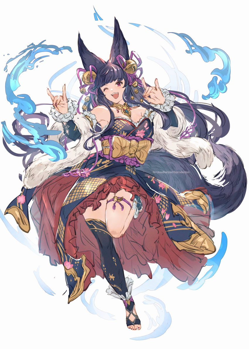 1girl absurdres animal_ears bare_shoulders bell black_hair double_fox_shadow_puppet erune fox_ears fox_girl fox_shadow_puppet fox_tail granblue_fantasy hair_bell hair_ornament hibana_(hibana_ztlv) highres japanese_clothes kimono long_hair obi one_eye_closed open_mouth red_eyes sash single_thighhigh tail thigh_strap thighhighs toeless_legwear yuel_(granblue_fantasy)