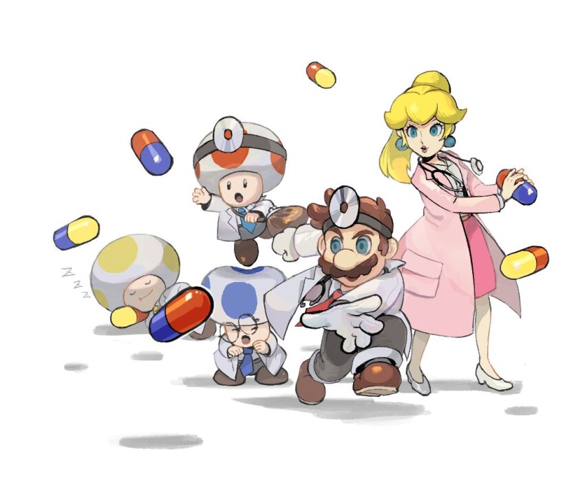 1girl 4boys :o arm_up blonde_hair blue_eyes blue_necktie blue_toad_(mario) brown_footwear brown_hair clenched_hand closed_eyes closed_mouth coat collared_shirt commentary dr._mario dr._mario_(game) dr._mario_world dr._peach dr._toad_(mario) earrings english_commentary eyelashes facial_hair glasses gloves grey_pants head_mirror high_heels high_ponytail holding holding_pill jewelry lab_coat lips long_hair long_sleeves lying mario mario_(series) multiple_boys mustache necktie nintendo on_side open_clothes open_coat open_mouth outstretched_arm pants pencil_skirt pill pink_coat pink_skirt ponytail princess_peach red_necktie red_toad_(mario) rinabee_(rinabele0120) round_eyewear shirt shirt_tucked_in shoes short_hair sidelocks simple_background skirt sleeping smile sphere_earrings standing stethoscope toad_(mario) u_u white_background white_coat white_footwear white_gloves white_shirt yellow_necktie yellow_toad_(mario) zzz