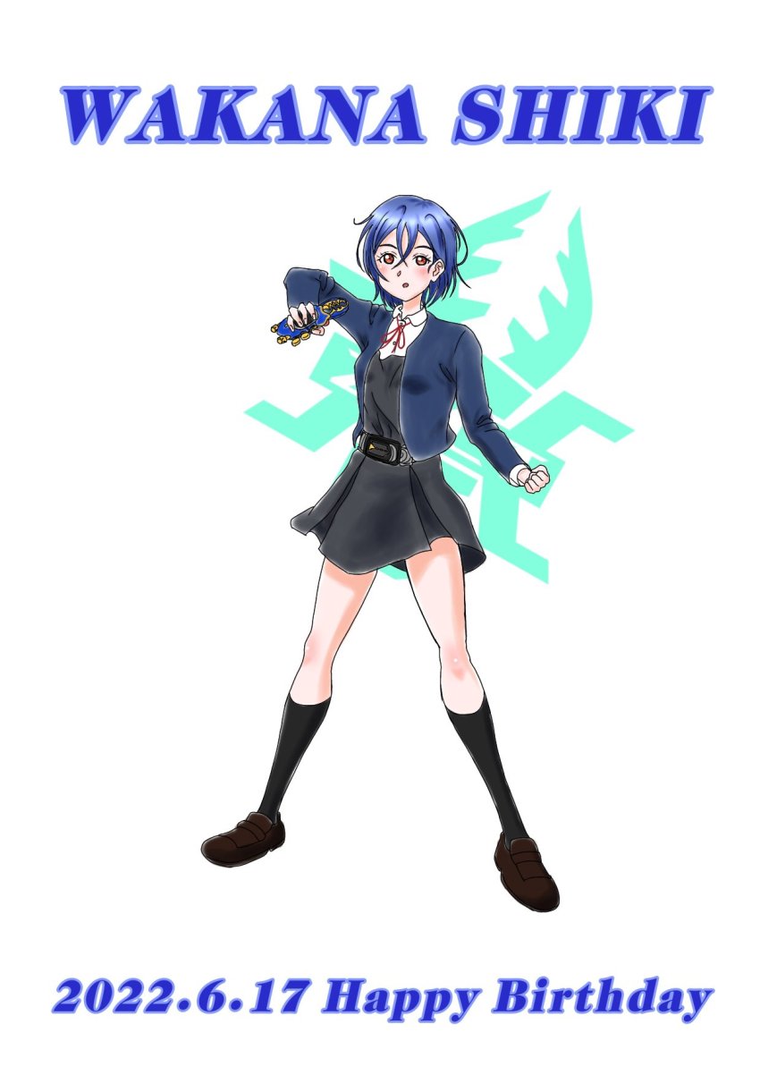 1girl artist_name artist_request blue_hair brown_eyes female_focus henshin_pose highres kamen_rider kamen_rider_gatack kamen_rider_kabuto_(series) love_live! love_live!_superstar!! rider_belt short_hair wakana_shiki