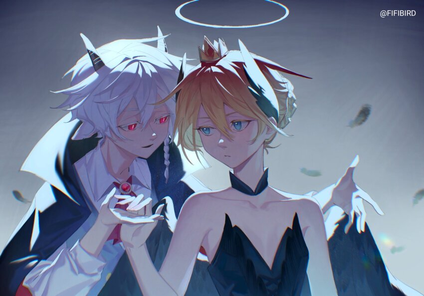 1boy 1girl all_saints_street alternate_costume angel animal_ears ballet_dress bare_shoulders black_cape black_dress black_wings blonde_hair blue_eyes braid bright_pupils bun_with_braided_base cape closed_mouth collarbone cross_tie crown demon_boy detached_collar dress dress_shirt falling_feathers feathered_wings feathers fifibird goat_ears goat_horns grey_background hair_between_eyes halo head_wings high_collar highres horns lily_angel long_sleeves looking_at_another mini_crown neil_bowman open_mouth red_brooch shirt short_hair slit_pupils smile spotlight traditional_halo twitter_username white_hair white_pupils white_shirt wings