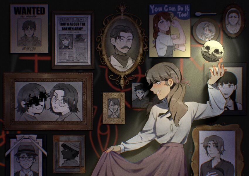 1girl abella_(fear_&amp;_hunger) august_(fear_&amp;_hunger) black_ribbon brown_eyes brown_hair caligura_(fear_&amp;_hunger) censored censored_identity commentary crack cracked_glass daan_(fear_&amp;_hunger) english_commentary face_piercing fear_&amp;_hunger_(series) fear_&amp;_hunger_2:_termina grin henryk_(fear_&amp;_hunger) highres iei karin_(fear_&amp;_hunger) levi_(fear_&amp;_hunger) long_hair long_sleeves low_twintails marcoh_(fear_&amp;_hunger) marina_(fear_&amp;_hunger) moon mouth_piercing neck_ribbon newspaper o&#039;saa_(fear_&amp;_hunger) olivia_(fear_&amp;_hunger) pav_(fear_&amp;_hunger) piercing pink_skirt portrait_(object) reila_(fear_&amp;_hunger) rher_(fear_&amp;_hunger) ribbon samarie_(fear_&amp;_hunger) shirt short_twintails skirt skirt_hold smile solo tanaka_(fear_&amp;_hunger) towaneeko twintails wanted_poster we_can_do_it! white_shirt