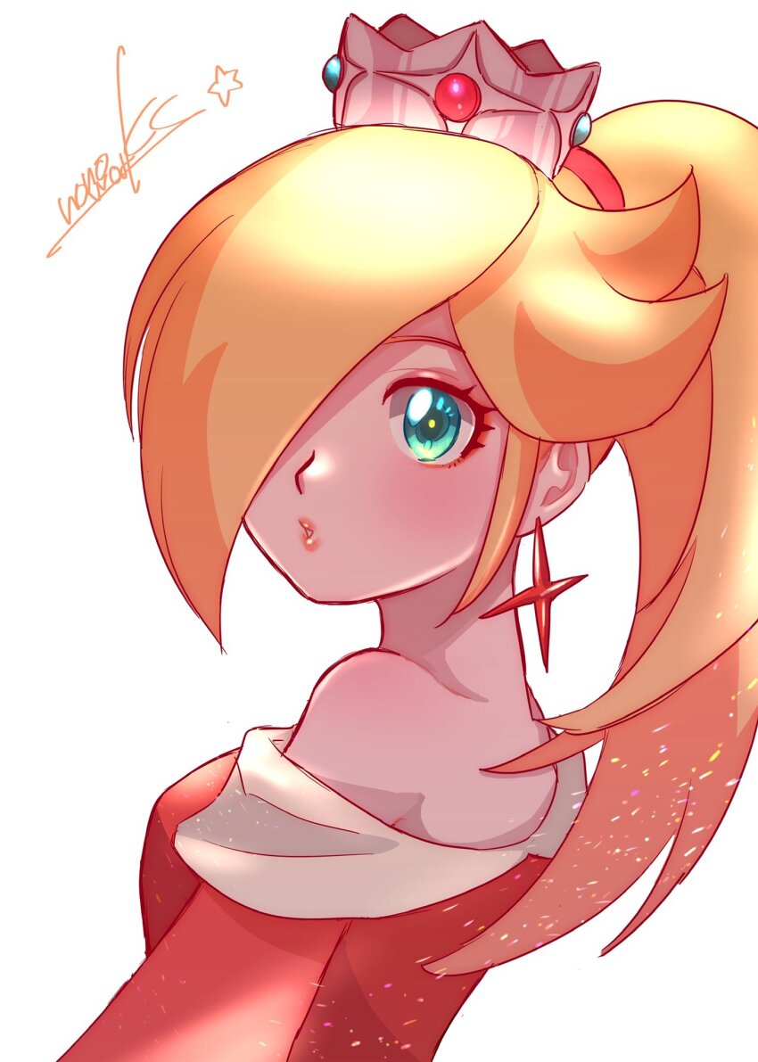 1girl blonde_hair blue_eyes crown dress earrings fire_rosalina hair_over_one_eye highres jewelry long_hair looking_at_viewer mario_(series) nintendo nonoworks off-shoulder_dress off_shoulder parted_lips ponytail red_dress rosalina signature single_earring solo star_(symbol) star_earrings super_mario_3d_world white_background