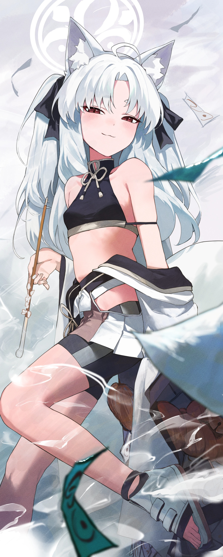 024th 1girl absurdres ahoge animal_ear_fluff animal_ears bare_legs black_shorts blue_archive breasts crop_top fox_ears hair_ribbon halo highres holding holding_smoking_pipe kuzunoha_(blue_archive) long_hair looking_at_viewer parted_bangs ribbon shorts small_breasts smoking_pipe solo two_side_up white_hair