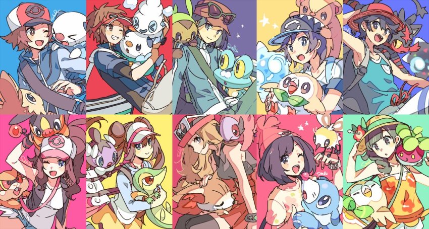 4boys 4girls bag baseball_cap beanie black_legwear blue_eyes bounsweet brown_eyes brown_hair calem_(pokemon) chespin closed_mouth commentary_request cutiefly denim denim_shorts elio_(pokemon) eyelashes eyewear_on_headwear fennekin froakie gen_5_pokemon gen_6_pokemon gen_7_pokemon gothita hat hilbert_(pokemon) hilda_(pokemon) holding holding_pokemon jacket lillipup litten minior multiple_boys multiple_girls naru_(andante) nate_(pokemon) nintendo on_shoulder one_eye_closed open_mouth oshawott pantyhose patrat pleated_skirt pokemon pokemon_(creature) pokemon_bw pokemon_bw2 pokemon_on_shoulder pokemon_sm pokemon_usum pokemon_xy popplio red_headwear red_skirt rosa_(pokemon) rowlet selene_(pokemon) serena_(pokemon) shirt shorts shoulder_bag skirt smile snivy spritzee sunglasses t-shirt tepig thighhighs tongue vanillite vest visor_cap yungoos zipper_pull_tab