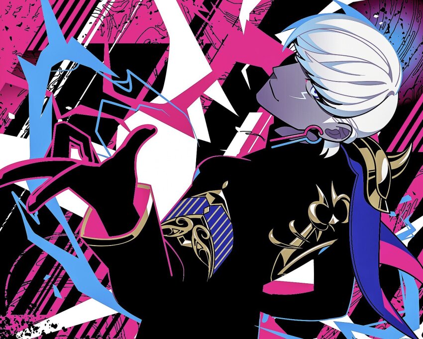 1boy armor black_gloves blue_eyes colored_skin earrings electricity fate/grand_order fate_(series) from_behind gloves grey_skin highres indra_(fate) jewelry male_focus pauldrons shoulder_armor single_pauldron smile ujiharu white_hair